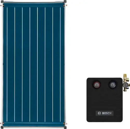 Solar-Kollektor in blau mit weißen Linien und zwei Anschlüssen unten. Rechts befindet sich ein schwarzes Bedienfeld von Bosch mit zwei Druckanzeigen.